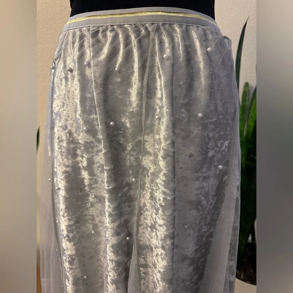 ANTHROPOLOGIE RAGA SKIRT 1X GRAY TULLE LAYERED A-LINE VELVET MESH PEARL‎ PLUS